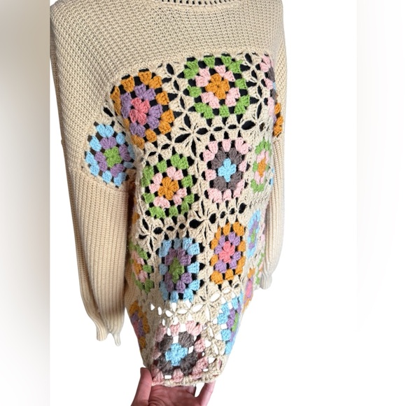 Heyson Granny Square Crochet Sweater L Boho Cottagecore Retro Knit Pullover N56 - Picture 2 of 9